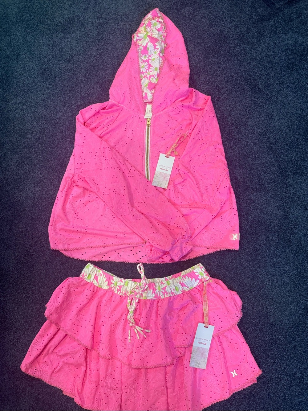 Love Shack Fancy/Hurley collab Pink Eyelet Hooded Cover-Up and Tiered Skirt Set